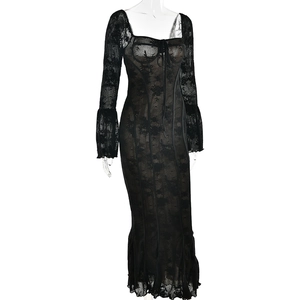 Detailed view of black lace long sleeve dress with square neck and fishtail hemline