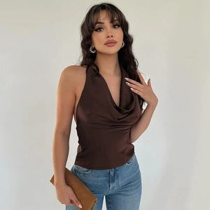 Detail of deep brown satin halter top showing silky texture and slim fit design