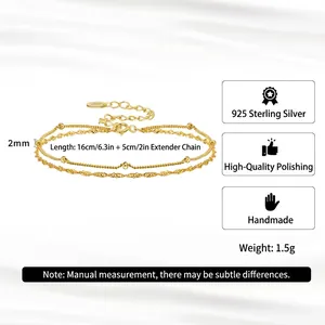Elegant gold S925 sterling silver double-layer beaded bracelet with 2mm beads and 5cm extender