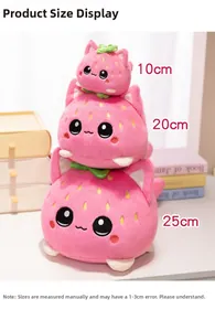 Vertical stack of strawberry cat plush dolls in 10cm, 20cm, and 25cm sizes