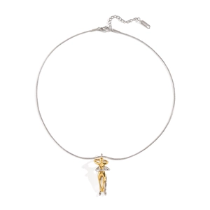 Detail of two-tone embrace necklace featuring a gold and silver hug pendant on snake chain