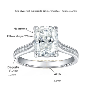 Detailed macro view of 925 silver ring with 7x9mm cushion cut moissanite and side stones