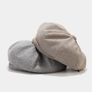 British style herringbone beret hats for men and women in gray and brown wool blend