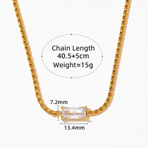 Gold braided chain necklace with rectangular zircon pendant, 40.5+5cm length, 15g weight