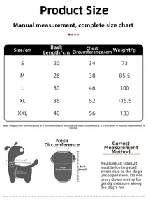Size chart for waterproof dog jacket with back length and chest girth measurements