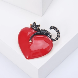 Cute cartoon enamel cat brooch with red heart in minimalist fashion animal style