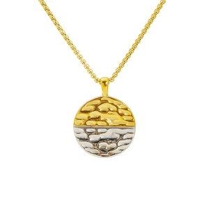 Hammered two-tone gold and silver circular pendant necklace with a sleek box chain style