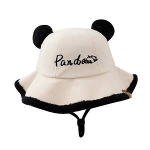 Cute panda-themed corduroy bucket hat for toddlers with plush ears and windproof strap