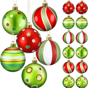 Grinch-style Christmas ball ornaments set in red green and white with stripes and dots