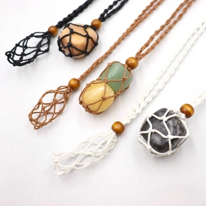 Handmade woven net stone necklace with adjustable cords and natural raw crystals
