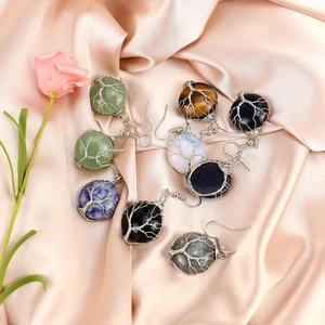 Handmade wire wrapped Tree of Life earrings with multi-color natural crystal gemstones