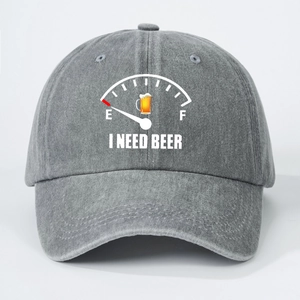 Detail of washed denim baseball cap with I NEED BEER print and fuel gauge icon