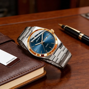 Detail of elegant silver gold steel watch with blue sunray dial and dual calendar