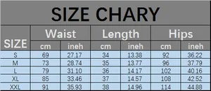 Detailed size chart for high waist denim shorts showing waist, length, and hips in cm and inch