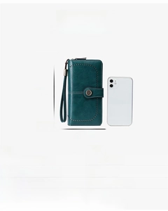 Detailed size specifications of a vintage green RFID long wallet with multi-card slots