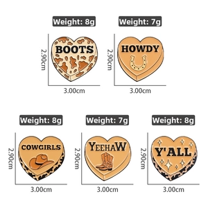 Detailed dimensions of western cowboy heart enamel pins with boots and horseshoe patterns