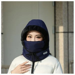 Close-up of navy windproof winter hood with integrated face mask and black fleece lining