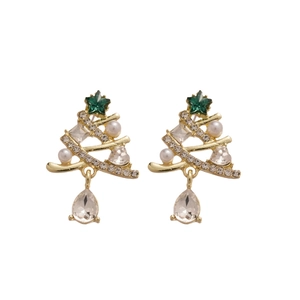 Golden Christmas tree earrings with pearls and teardrop crystals on white background