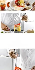 Flexible red silicone pasta server and slotted spoon safe for non-stick cookware