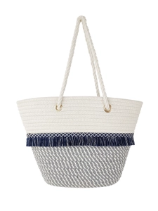 Bohemian large cotton woven tote bag with blue fringe trim and sturdy rope handles