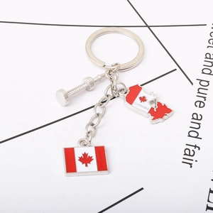 Detail showing metal Canada key ring with flag, map and CN Tower charms on a card