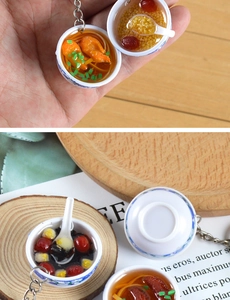 Miniature food keychain featuring Chinese blue and white porcelain bowl style noodles