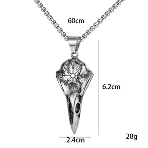 Viking raven skull pendant necklace in silver stainless steel with Vegvisir symbol