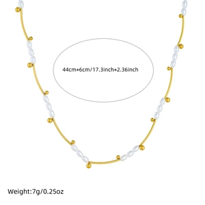 Gold-plated stainless steel necklace with oval pearls and spacer beads on white background