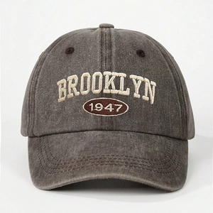 Vintage washed dark grey cotton baseball cap featuring Brooklyn 1947 embroidery detail