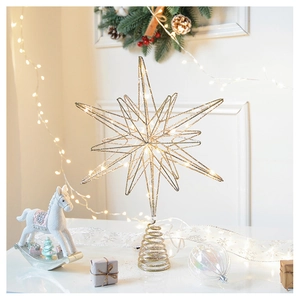Golden iron Christmas tree topper star with warm LED lights and glitter finish