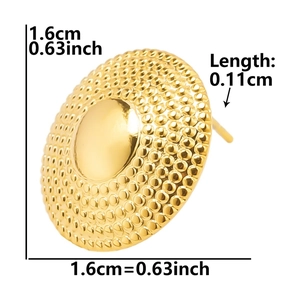 Detailed size view of gold stainless steel round earring with beaded texture and dimensions
