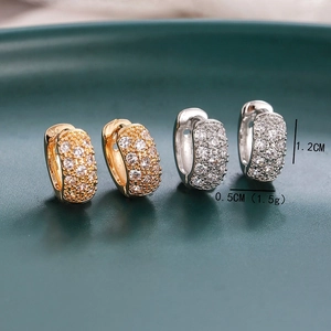 Detailed size view of gold and silver plated hoop earrings with micro-pave zircons
