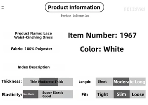 Größen- und Stofftabelle für weißes Spitzenkleid mit Details zu Polyester und Passform