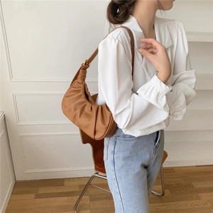 Brown pleated dumpling bag with soft PU leather and shoulder strap for women
