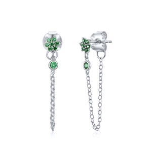 Detail of S925 silver chain earrings with green zircon flower and polished hallmark