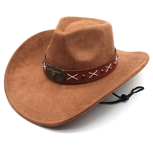 Western Cowboy Hat Suede Retro Wide Brim With Bull Head Metal Buckle Leather Belt Adjustable Wind Rope Vintage Outdoor