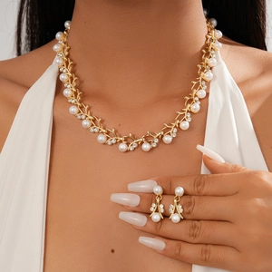 Elegant Vine Branch Necklace And Earrings Jewelry Alloy Imitation Artificial Pearl And Rhinestone For Women Party Golden Accessory