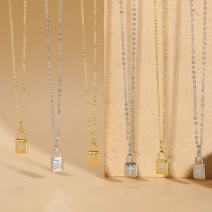 14K gold plated lock necklaces with zircon star, heart and cross charms on fine chains
