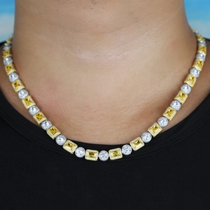 Iced out hip hop necklace featuring gold and silver plated 8mm round and square zircon stones
