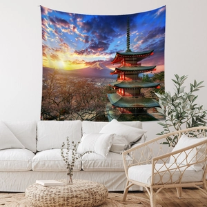 Detail view of Japanese tapestry featuring Mount Fuji and Chureito Pagoda on living room wall