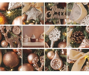 Detail of champagne gold Christmas ornaments including glitter stars and velvet bows