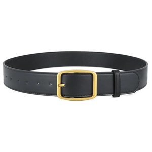 Classic black leather belt with a vintage gold square buckle for jeans and dresses