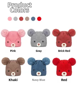 Winter knitted baby hats with dual pom-poms and cute bear faces in six various colors