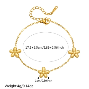 Gold-plated stainless steel flower chain bracelet with dimensions and weight specs