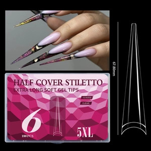 Detailed view of 5XL extra long stiletto soft gel nail tips with 67.80mm length marking