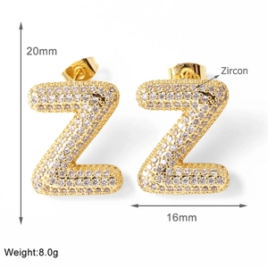 Detail view of gold letter Z earring with zircon stones and 20mm by 16mm dimensions