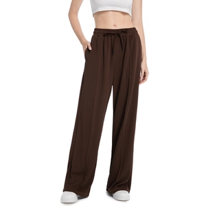 Women's dark brown wide-leg drawstring jogging pants with ribbed knit texture