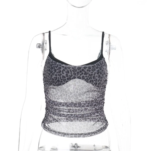 Close-up of semi-transparent grey leopard print mesh fabric with ruched texture details