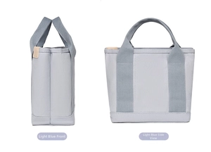 Detailed front and side view of light blue canvas tote bag with woven handles