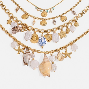 Stainless Steel Shell Starfish Pendant Necklace Gold Plated Artificial Pearl Bohemian Beach Vacation Summer Jewelry For Women